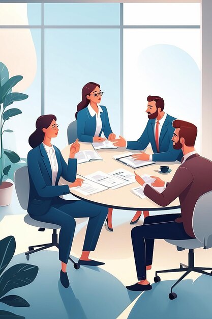 Cartoon character business team have conversation Woman and man at morning meeting Illustration of discussion and talk speech talking brainstorm