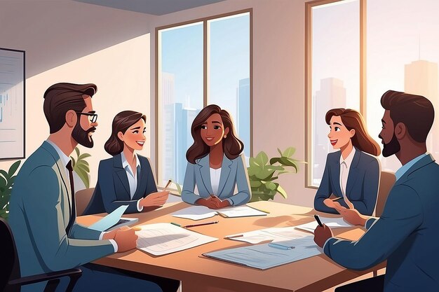 Cartoon character business team have conversation Woman and man at morning meeting Illustration of discussion and talk speech talking brainstorm