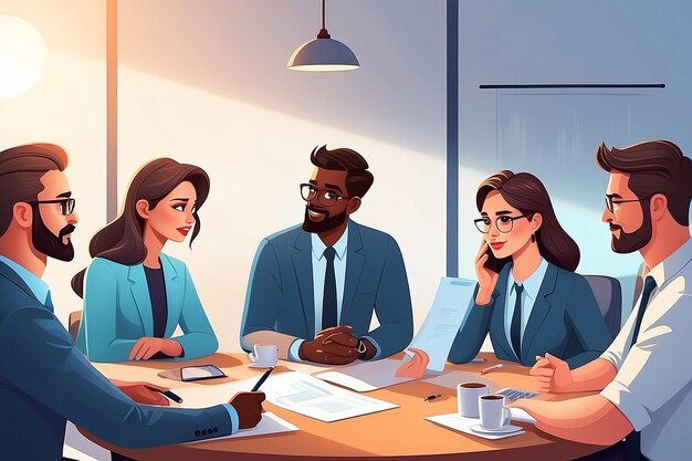 Cartoon character business team have conversation Woman and man at morning meeting Illustration of discussion and talk speech talking brainstorm