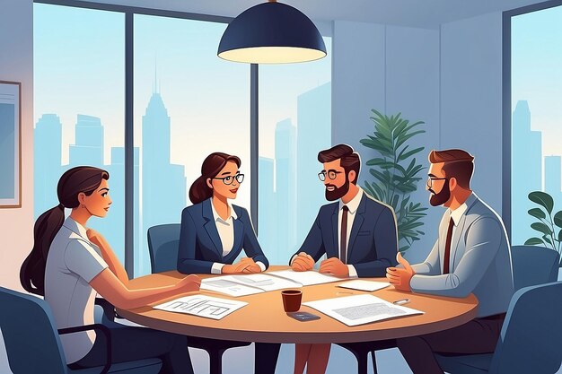 Cartoon character business team have conversation Woman and man at morning meeting Illustration of discussion and talk speech talking brainstorm