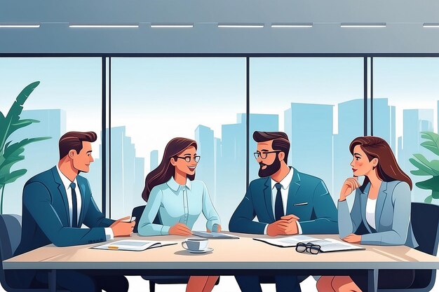 Cartoon character business team have conversation Woman and man at morning meeting Illustration of discussion and talk speech talking brainstorm