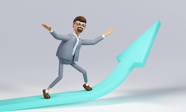 Cartoon character businessman goes to success Concept of financial growth 3d illustration