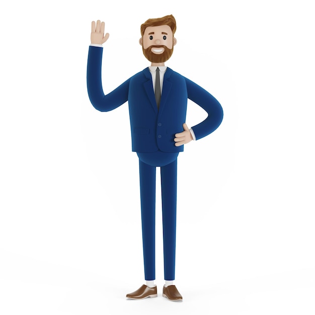 Cartoon character businessman greets. 3d illustration.