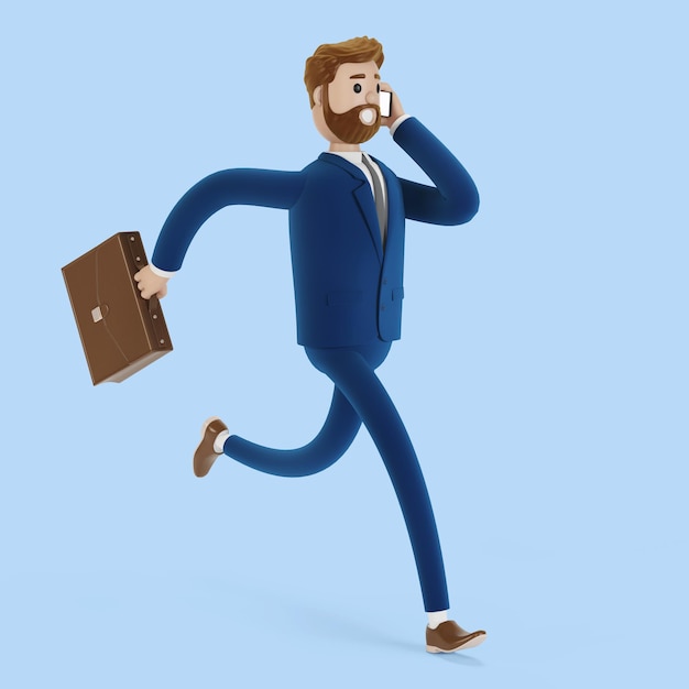 Cartoon character businessman runs to a meeting. 3D illustration