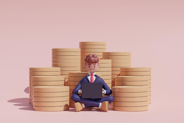 Cartoon character businessman seat lotus yoga pose with laptop in front of gold dollar coins stack over pink background Stock market trade banking concept 3d render illustration