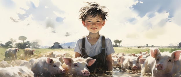 Cartoon character of a child raising pigs on a farm Watercolor style Generative AI