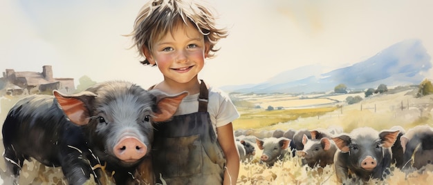 Cartoon character of a child raising pigs on a farm Watercolor style Generative AI