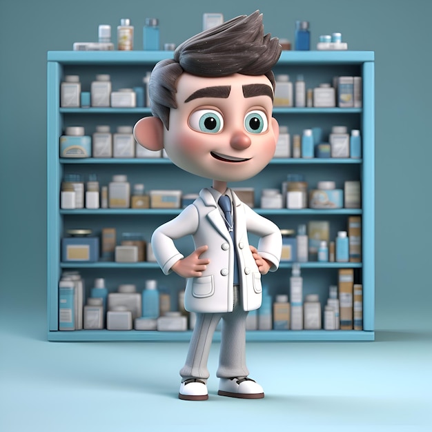 Cartoon character of doctor with stethoscope standing near the shelves