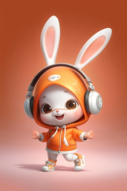 Cartoon character dressed in orange hoodie with earphones and headphones generative ai