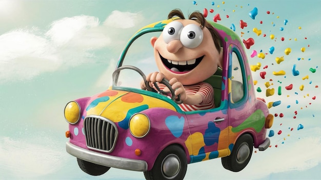 a cartoon character driving a purple car with a happy face