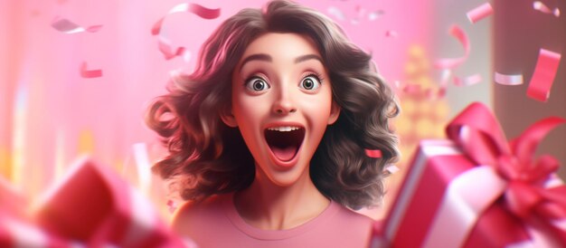 Cartoon character excited happy with big smile young woman on colorful background shopping concept