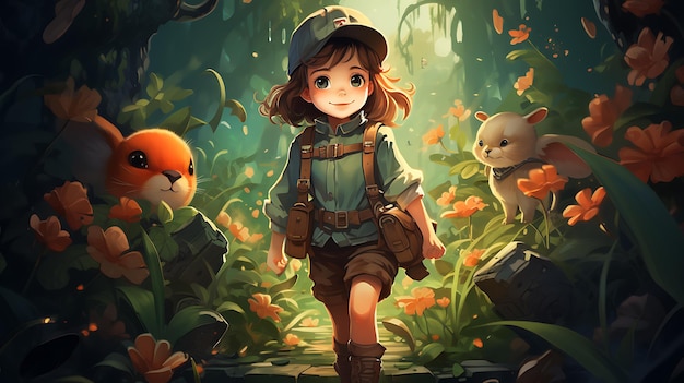 cartoon character exploring an enchanted forest