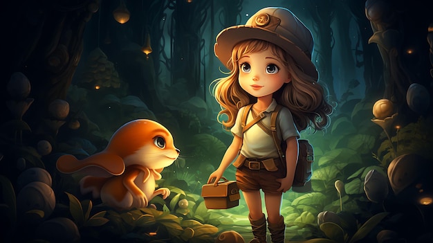 cartoon character exploring an enchanted forest