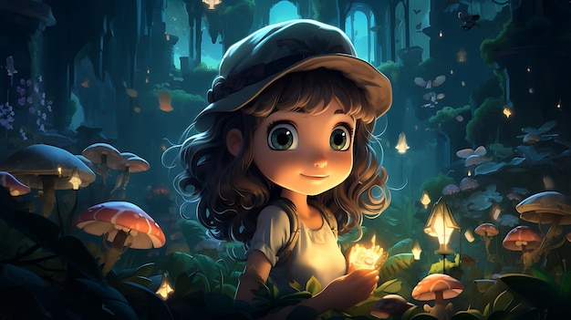 cartoon character exploring an enchanted forest