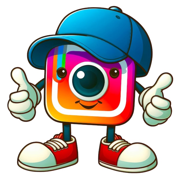 Cartoon character in the form of instagram social network logo wearing a cap and sneakers and