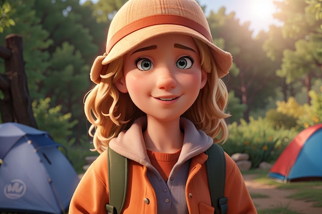 Cartoon character of a girl in camping outfits