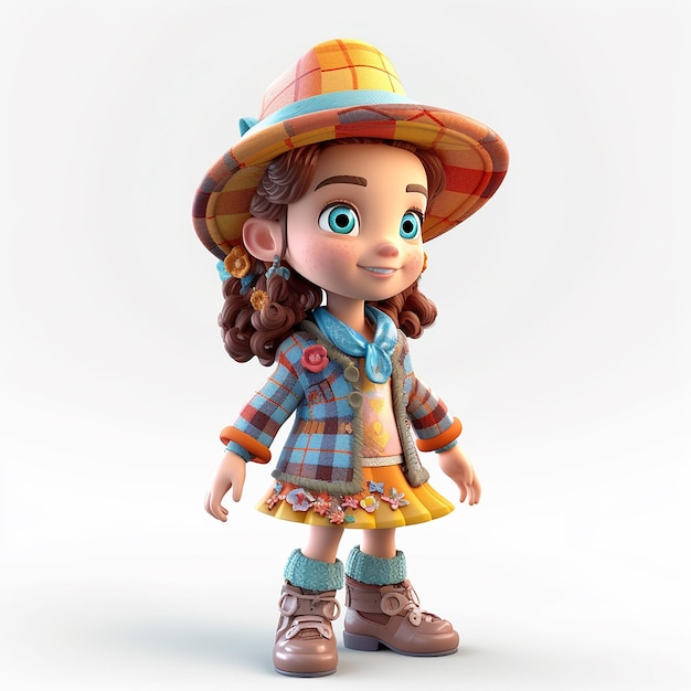 A cartoon character of a girl wearing a hat and a plaid shirt.