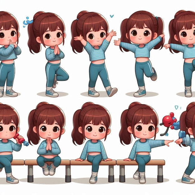 Photo a cartoon character of a girl with different expressions of a toy