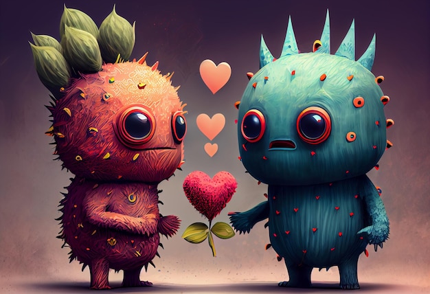 A cartoon character gives a red heart to a monster.