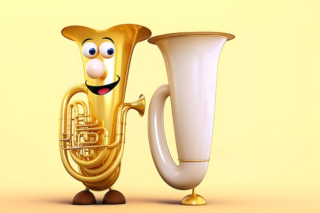 Photo cartoon character of a golden tuba and a white trumpet