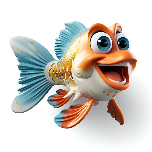 Cartoon character of goldfish with happy expression on white background