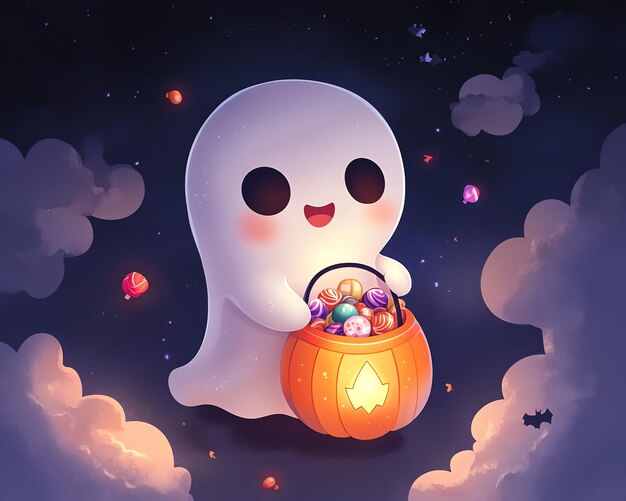 Photo cartoon character halloween ghost town under starry night sky