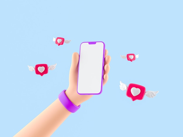 Cartoon character hand holding smartphone with like notification icons Social media 3d render