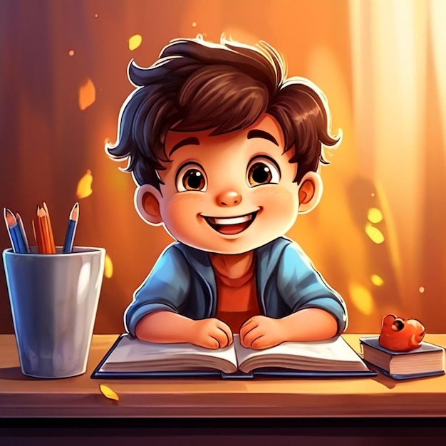 cartoon character happy kid studying and learning