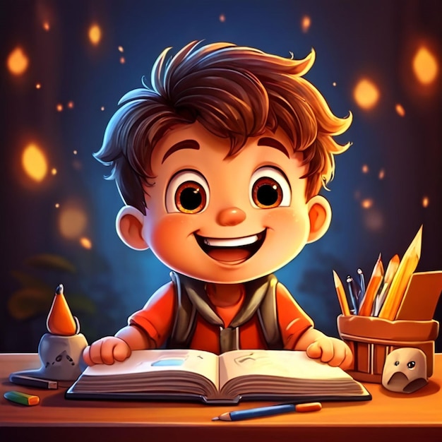 cartoon character happy kid studying and learning