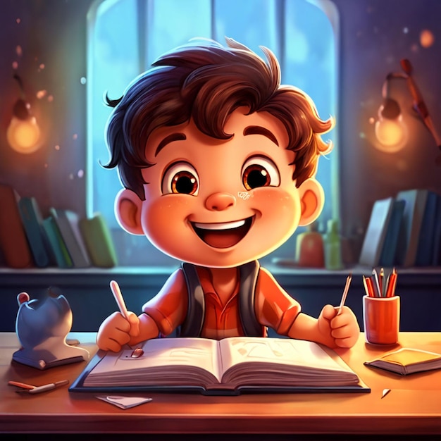 cartoon character happy kid studying and learning