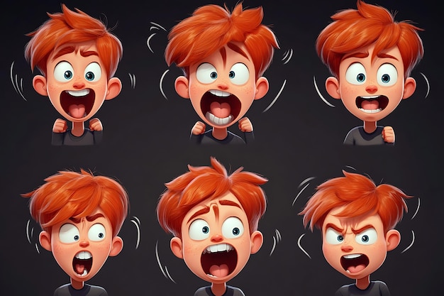 Photo cartoon character heads of a boy and girl with different expressions