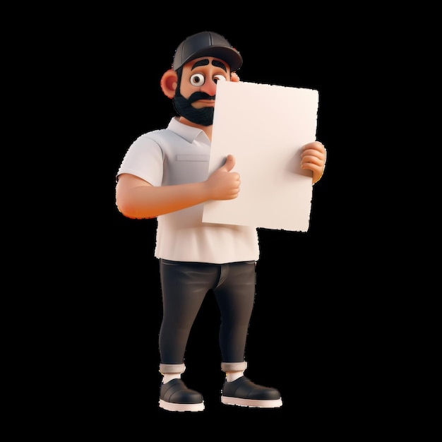 Photo cartoon character holding blank poster on a black background