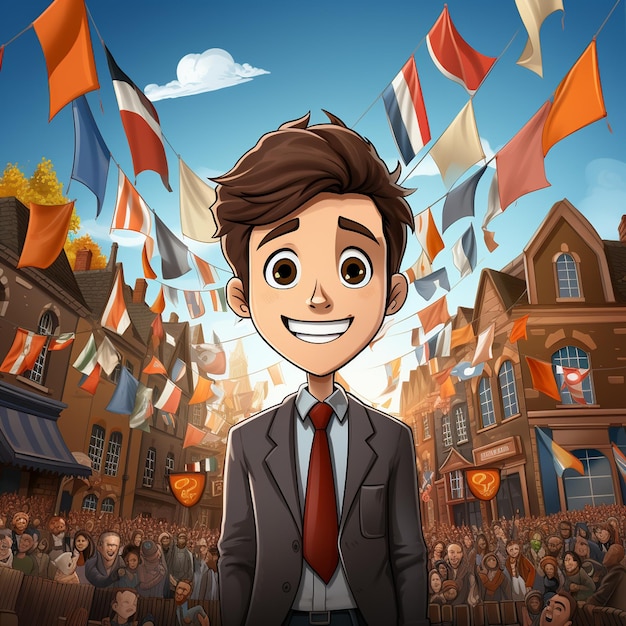 A cartoon character holding a flag with other flags in the background