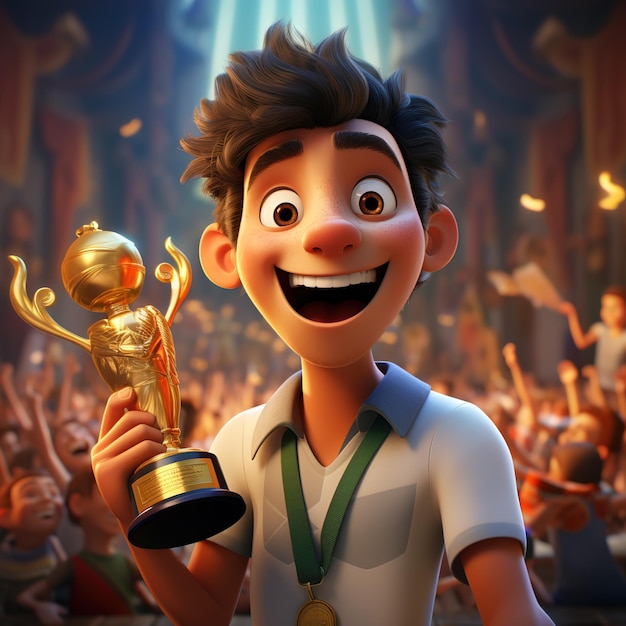 cartoon character holding a golden winning trophy in cartoon style