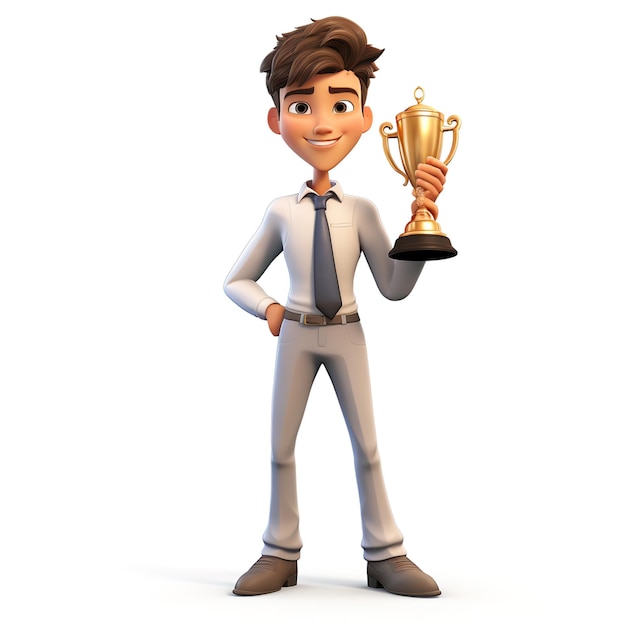 cartoon character holding a golden winning trophy in cartoon style