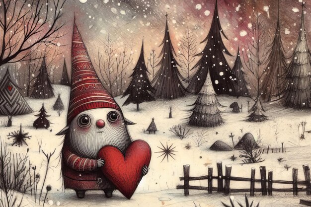 Photo a cartoon character holding a red heart in a snowy forest