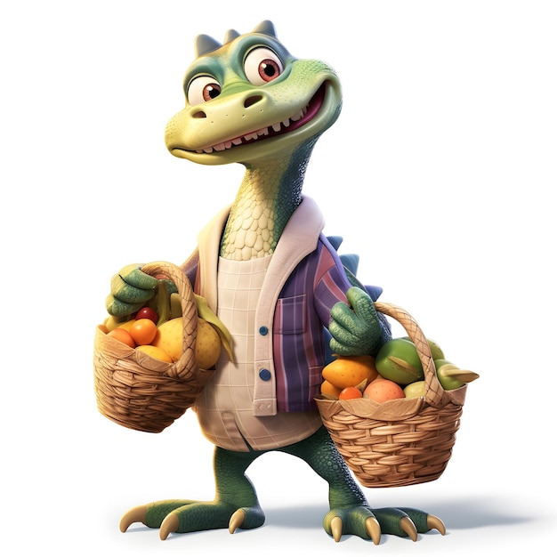 A cartoon character holding two baskets of fruit and a dinosaur