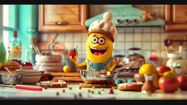 Photo a cartoon character holds a strawberry in a kitchen