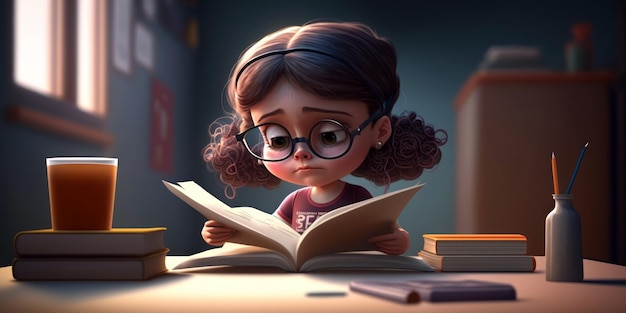 A cartoon character is reading a book in a dark room.