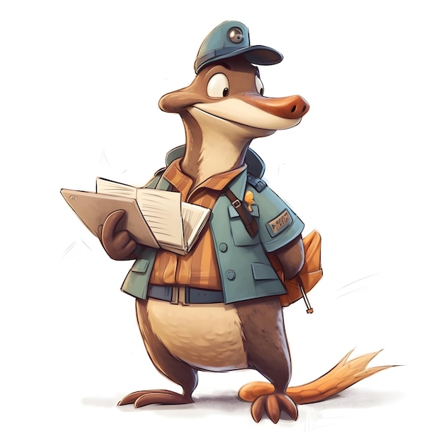 A cartoon character is reading a letter and is wearing a blue uniform.