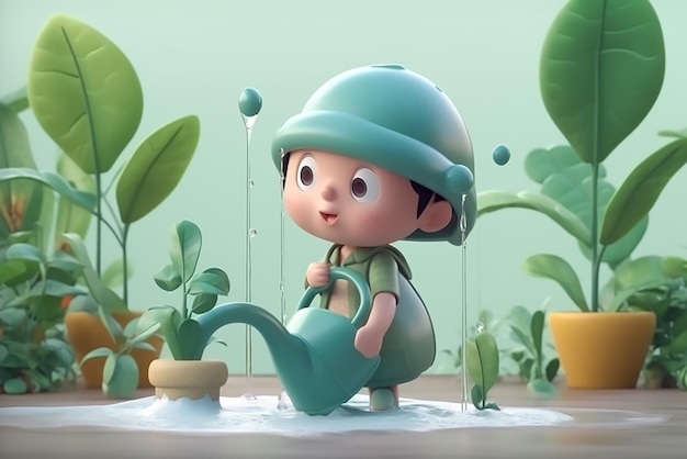 A cartoon character is shown in a green outfit and is holding a watering can.