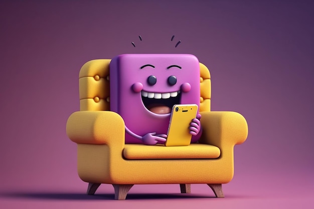 A cartoon character is sitting on a chair with a yellow pillow and a purple background.