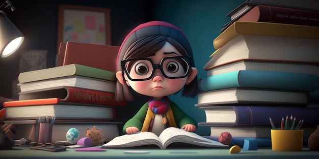 A cartoon character is sitting in front of a stack of books.