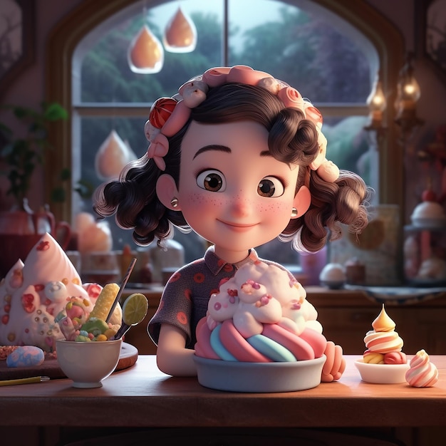 A cartoon character is sitting at a table with a bowl of ice cream.