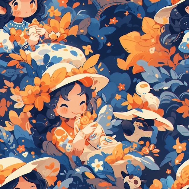 a cartoon character is surrounded by a blue and orange floral pattern