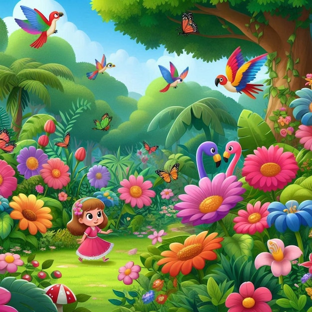 a cartoon character is surrounded by flowers and butterflies