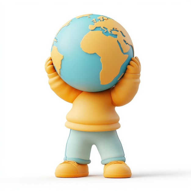 Photo cartoon character joyfully holding a globe while standing against a plain background