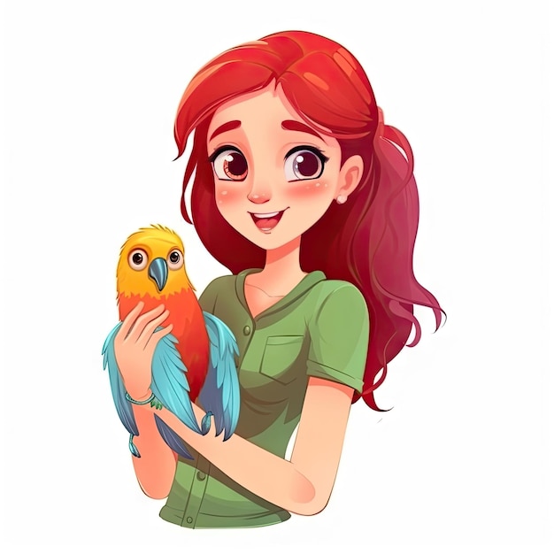 Cartoon character of kid holding bird on white background