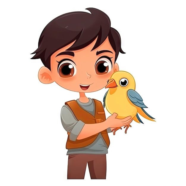 Cartoon character of kid holding bird on white background