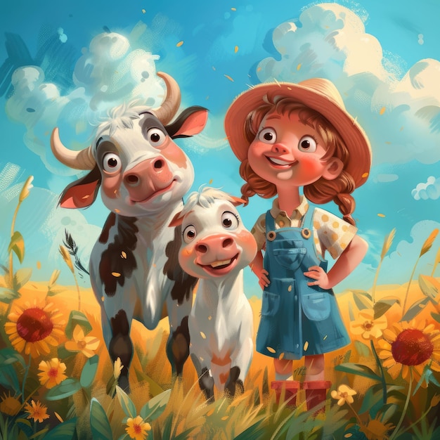 Photo cartoon character of kid with a cow farm background